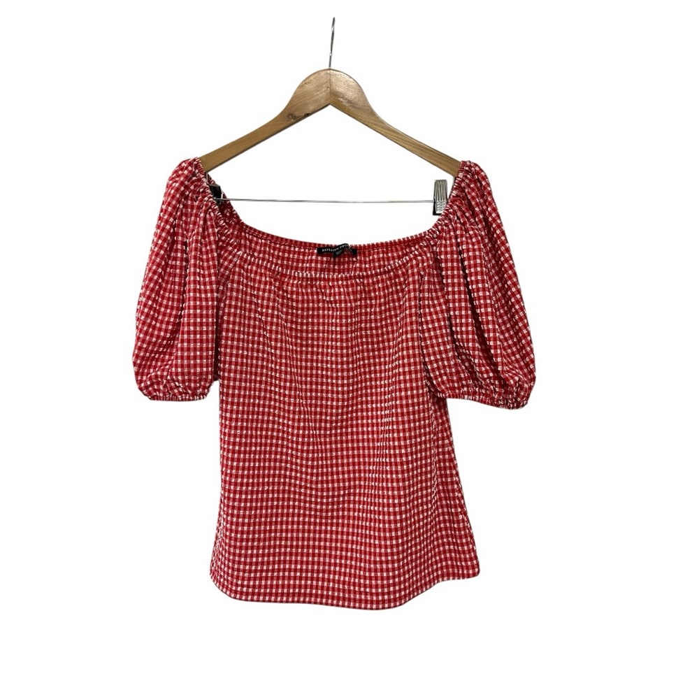Boston Proper Gingham Puff Sleeve Sweetheart Top Red White M
